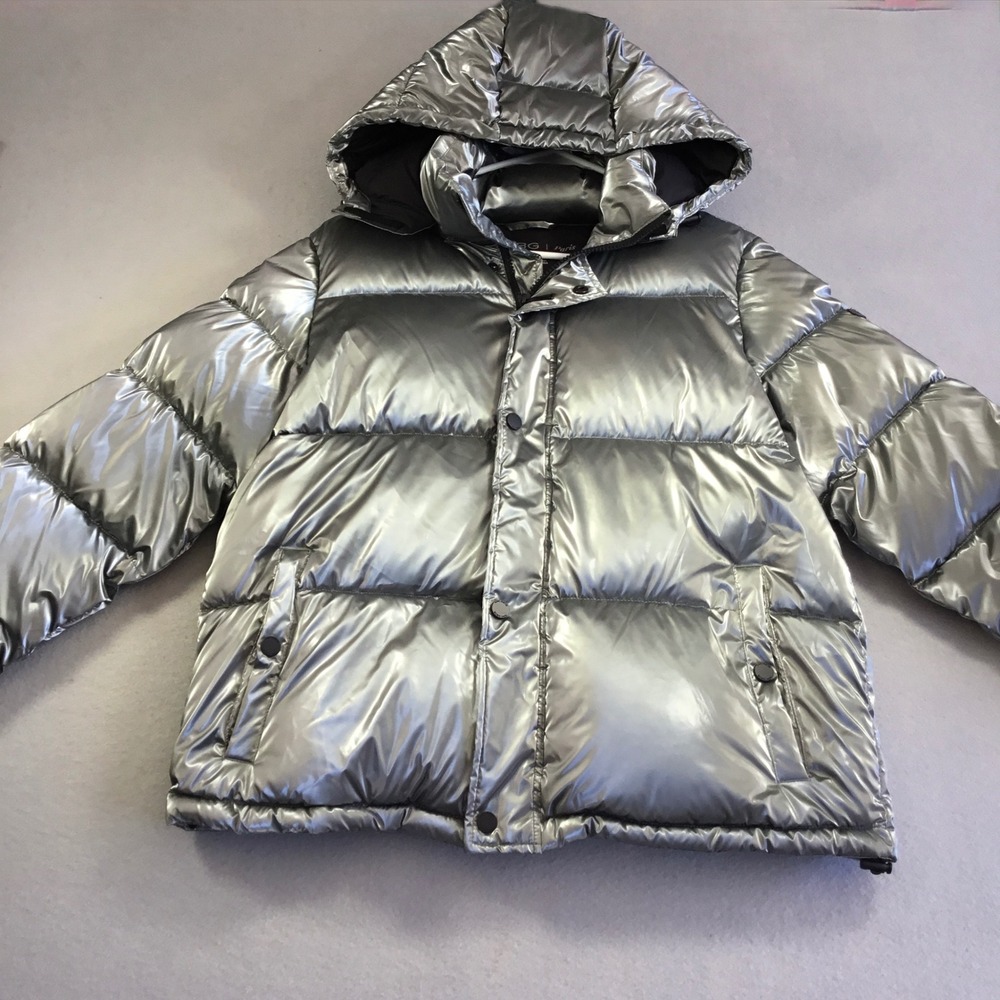 BCBG Paris Metallic Silver Hooded Puffer Jacket Quilted Winter woman's M Coat